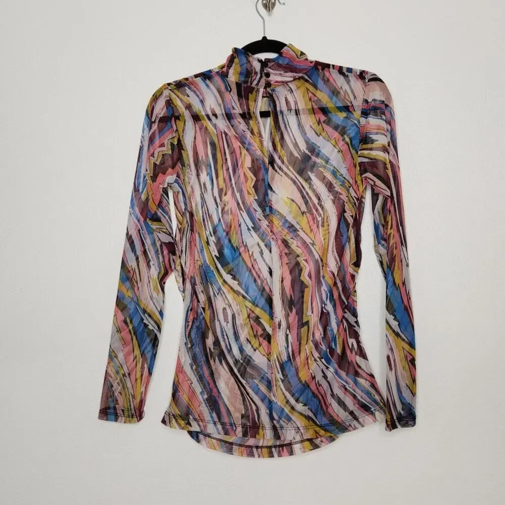 y2k Micromesh NY&Company Abstract Geometric All Over Stripes Long Sleeve Euro